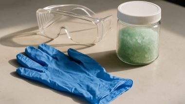 Nitrilhandskar, skyddsglasögon och en tät plastburk med gröna kristaller på en arbetsbänk