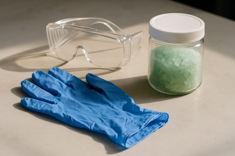 Nitrilhandskar, skyddsglasögon och en tät plastburk med gröna kristaller på en arbetsbänk
