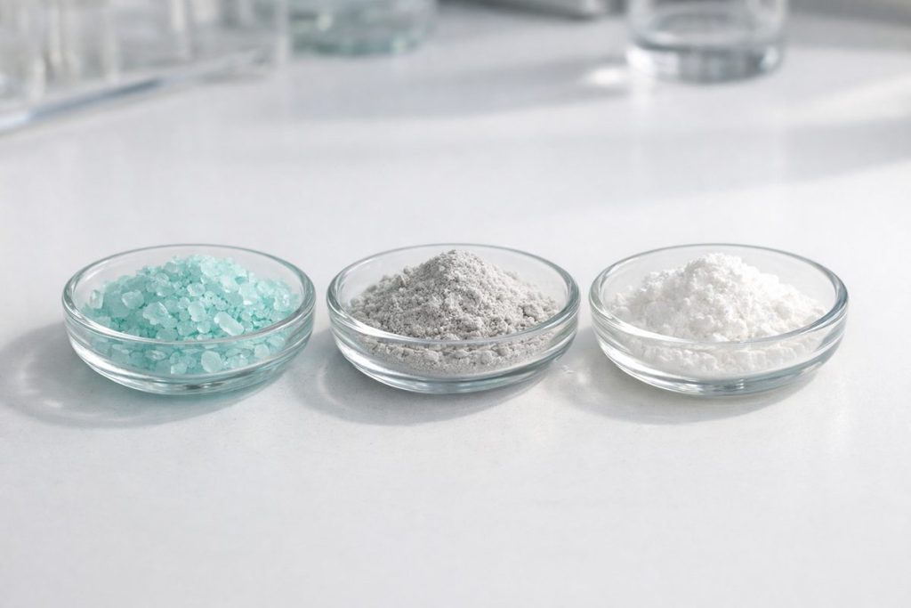 Tre små glasskålar på en vit laboratoriebänk med blågröna kristaller, ett ljusgrått pulver och ett nästan vitt pulver