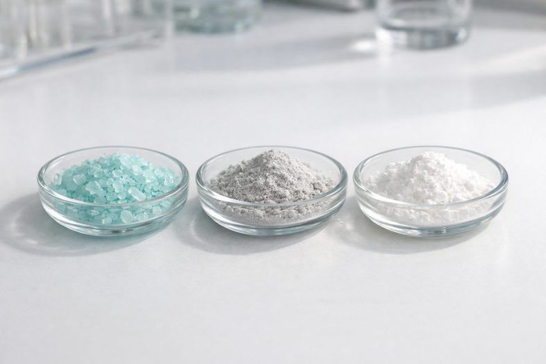 Tre små glasskålar på en vit laboratoriebänk med blågröna kristaller, ett ljusgrått pulver och ett nästan vitt pulver