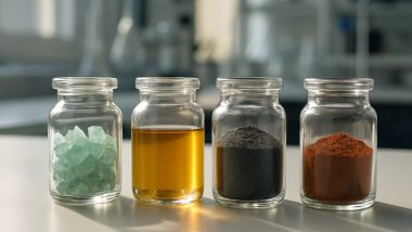 Fyra små glasburkar med blågröna kristaller, brungul lösning, mörkt pulver och rödbrunt pulver på en laboratoriebänk
