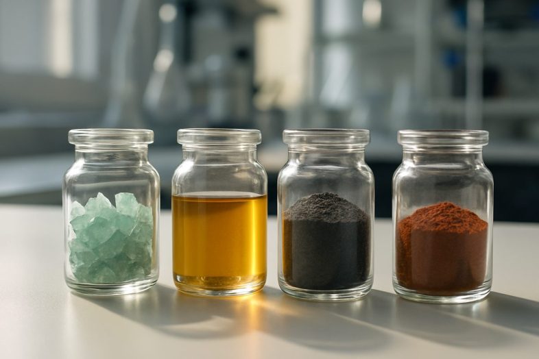 Fyra små glasburkar med blågröna kristaller, brungul lösning, mörkt pulver och rödbrunt pulver på en laboratoriebänk