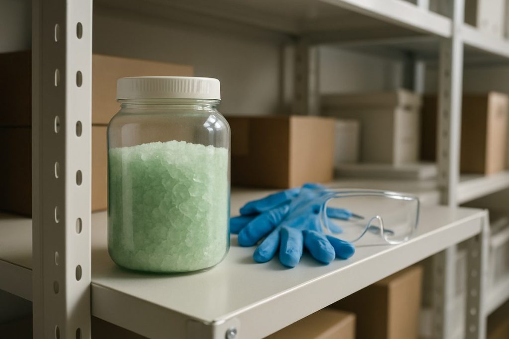 Tät plastburk med gröna kristaller på en hög hylla i ett ordnat förråd, bredvid handskar och skyddsglasögon