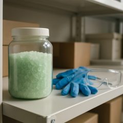 Tät plastburk med gröna kristaller på en hög hylla i ett ordnat förråd, bredvid handskar och skyddsglasögon