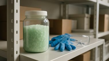Tät plastburk med gröna kristaller på en hög hylla i ett ordnat förråd, bredvid handskar och skyddsglasögon