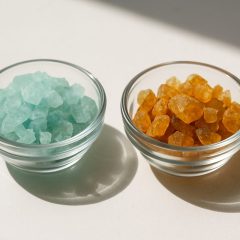 Två små glasskålar på ett bord, den ena med blågröna kristaller och den andra med gulbruna kristaller