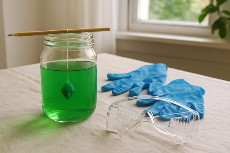 Glasburk med grön lösning och en kristall som hänger i en tråd från en penna, bredvid nitrilhandskar och skyddsglasögon på ett bord